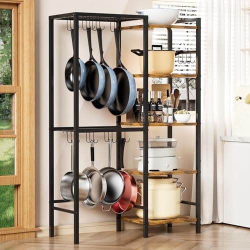 OMISRUIS 5-Tier Pot and Pan Organizer Rack with Hooks, Heavy-Duty Kitchen Storage Shelf for Cookware, Dishes, and Utensils, Freestanding Metal Pot Rack Organizer for Kitchen, Pantry, or Dining Room