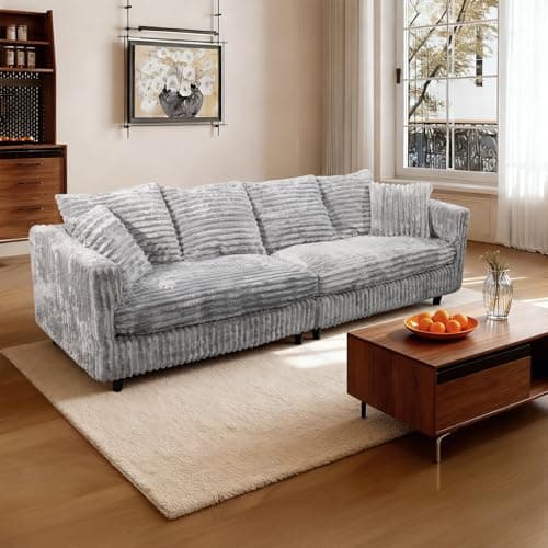 MJQFVM 104.3'' Cloud Couch, 4 Deep Seat Convertible Modular Sectional Sofa, Plush Corduroy & Memory Foam Couches with 6 Soft Pillows for Living Room, Apartment (Grey, 104.3'')