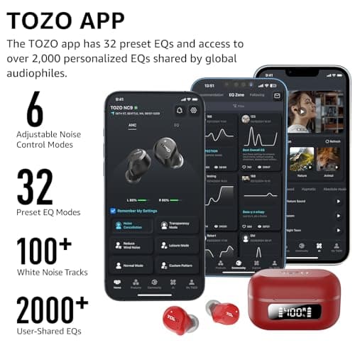 TOZO NC9 Hybrid Active Noise Cancelling Wireless Earbuds, 6 Mics ENC Clear Call, IPX8 Waterproof, in Ear Bluetooth 5.3 Headphones Stereo Bass Ear Buds 60H Playtime with LED Display 32 EQs via APP 6
