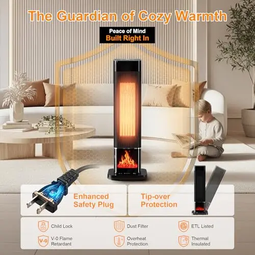 YEW Space Heater for Indoor Use, 1500W Portable Electric Heater with Thermostat, 120° Oscillation, 24H Timer, Remote Control, Ceramic Tower Heater Fan for Large Room, Bedroom, Office, Garage, 25" 5