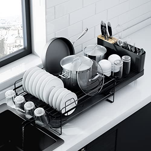 Kitsure Large Dish Drying Rack - Extendable Dish Rack, Multifunctional Dish Rack for Kitchen Counter, Anti-Rust Dish Drainers with Cutlery & Cup Holders 19.2"-26.7" L x 12.9" W, Black