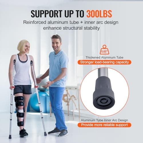 VEVOR Underarm Crutches, 13-Level Height Adjustable Underarm Walking Crutches, Lightweight Aluminum Crutches for Adults Teenager - with Soft Underarm Pad for Leg Injury Surgery Disabled, 1 Pair 300LBS 5