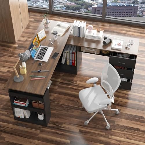 MOUMON Electric Standing Desk with Drawers and Shelves, Executive Adjustable Height Stand Up Desk, L-Shaped Design, 63 inch Tabletop, for Office Deep Brown and Black 63”W x 63”D x 28.9-45.3”H