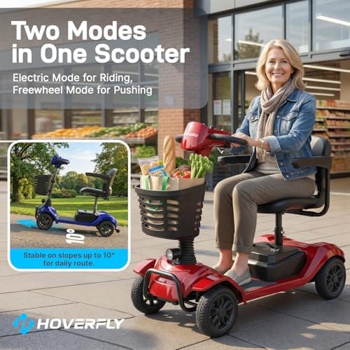 Hoverfly T4 Mobility Scooter for Seniors, Max 12.4-Mile Range & 3.7 mph, 3-Position Seat & Anti-slip Rear Wheel, Removed Battery&Quick Fold Design, Solid 9" Tire &330 lb Capacity, Ease of Assembly Red 7