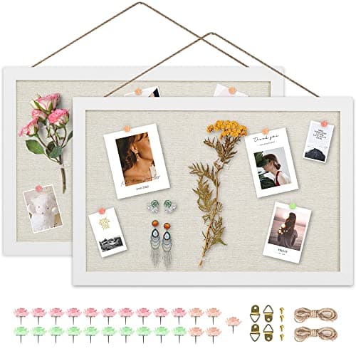AKTOP 2-Pack Cork Board Bulletin Board 16x11 inch, Small Framed Corkboard with Linen for Wall, Hanging Pin Board Picture Board for Home Office Decor, Cute Vision Board with 25 Pushpins (Vintage White)