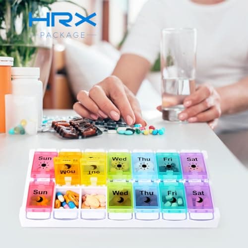 HRX Package Medicine Pill Boxes 7 Day AM/PM, Easy Fill & Open Medication Organizer Vitamin Reminder Holder Day and Night 7