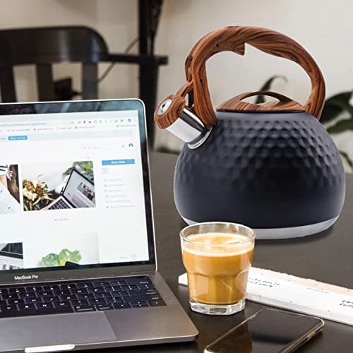 GGC Tea Kettle for Stove Top, Loud Whistling Kettle for Boiling Water Coffee or Milk, 3.1 Quart 3L Heavy Stainless Steel Black Kettle with Wood Pattern Handle, Unique Button Control Kettle Outlet 2