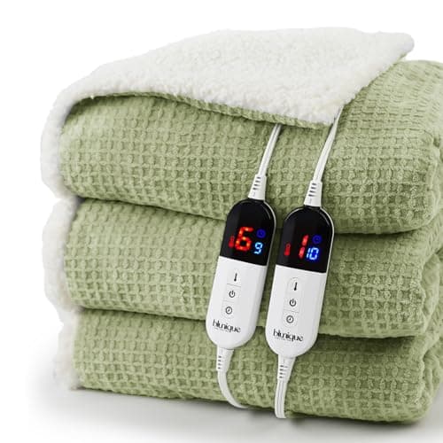 blunique Heated Blanket Electric Blanket Queen Waffle, 84x90 Inches Dual Controllers Sherpa Fleece Fast Heating Blanket 6 Heating Levels & 10 Hours Auto Off ETL Certification, Sage Queen
