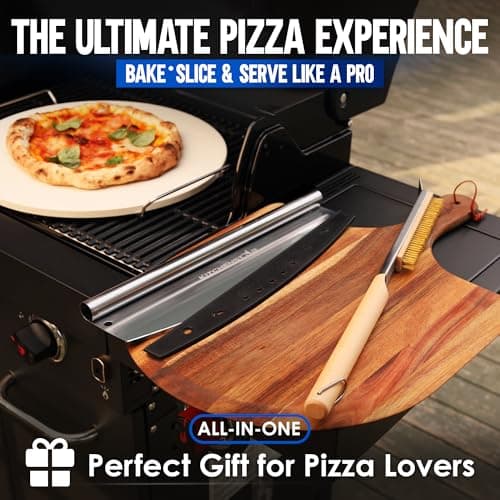 KitchenStar 16-inch Pizza Making Set, 6 PCS - Pizza Stone + Stainless Steel Rack, Acacia Wood Pizza Peel, Pizza Cutter Rocker + Protective Cover, Metal Brush - Oven & Grill Accessories Kit 6