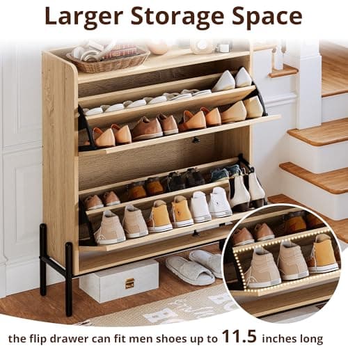 IRONCK Shoe Cabinet Storage with 2 Flip Drawers, Free Standing Wooden Shoe Storage Organizer Cabinet with Rattan Doors for Entryway, Narrow Shoe Rack Cabinet, Oak 7