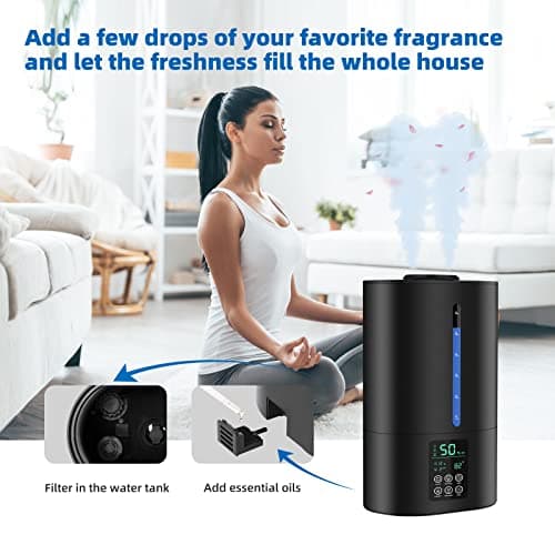 6L Humidifiers for Bedroom Large Room Home, Cool and Warm for Baby and Plants Mist Top Fill Desk Humidifiers Essential Oil Diffuser, Quiet with Adjustable Mist,360°Nozzle-Black 8