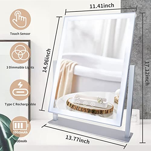 SLIMOON Lighted Makeup Mirror, Detachable 10X Magnification Mirror, 3 Color Lights, 1000mAh Rechargeable Makeup Mirror with Lights, Touch Control 5