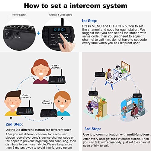 Wuloo Intercoms Wireless for Home 1 Mile Range 22 Channel 100 Digital Code Display Screen, Wireless Intercom System for Home House Business Office, Room to Room Intercom Communication(3Stations Black) 6