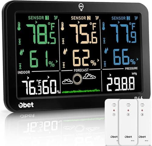 OBET Weather Station Wireless Indoor Outdoor Thermometer Wireless, Color Display Digital Temperature and Humidity Monitor with 3 Sensors, Alerts, Adjustable Backlight, USB Port (500 Feet) 9