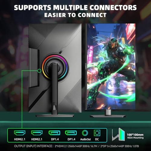 CUNPU 27-inch Gaming Monitor 300Hz QHD(2560× 1440p), 1MS,Fast IPS,142% sRGB, MAX400Nit, VESA,FreeSync, Built-in Dual Speakers, HDMI 2.1& DP 1.4,Height/Pivot/Tilt/Swivel Vertical Monitor, for PS5/Xbox 8
