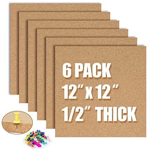 AKTOP Cork Board Bulletin Board 12x12, 1/2" Thick Cork Board Tiles 6 Pack, Small Square Pin Board for Wall, Self Adhesive Corkboards with 60 Push Pin Wood Clips for School, Home & Office