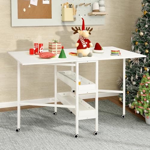 MELLCOM Home Hobby Craft Table with Storage Shelves, Mobile Folding Cutting Table for Large Fabric, Foldable Desk for Home Office Sewing Room Craft Room, Fixed Height 35.5in 2