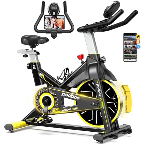 pooboo Exercise Bike, Brake Pad Stationary Bike for Home with Exclusive App, Adjustable Resistance Quiet Indoor Cycling Bike with 300lbs Weight Capacity Extra Comfort Seat,Indoor Cycling Spin Bike Workout Bike with Tablet Holder and Fitness Courses for Weight Loss