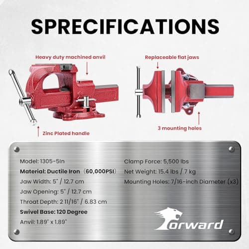 Forward 1305 5 Inch Home Vise Ductile Iron 5" Bench Vise Homeowner's Vice with Anvil and Swivel Base 7