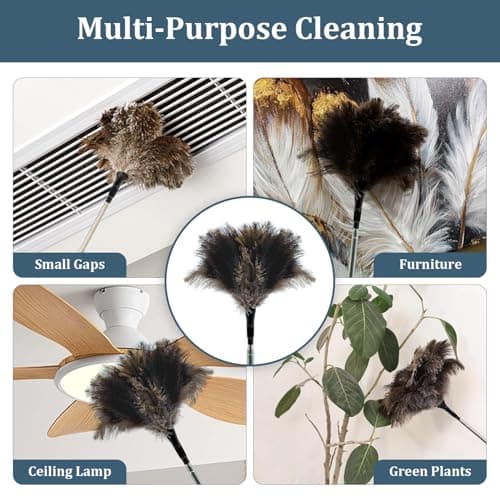 Extendable Feather Duster - 47 inches Fluffy Long Handle Reusable Feather Duster for Cleaning Ceiling Fan,Pendant lamp, High Ceiling, Blinds, Furniture，Ostrich Feather Duster 5