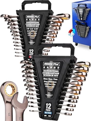 Premium 24-Piece Ratchet Wrenches Set with Magnetic Organizer, SAE 1/4"-7/8" & Metric 8mm-19mm, Cr-V Steel Ratcheting Wrench Set, Ratchet Combination Wrench Set for Automotive, Machine Repair