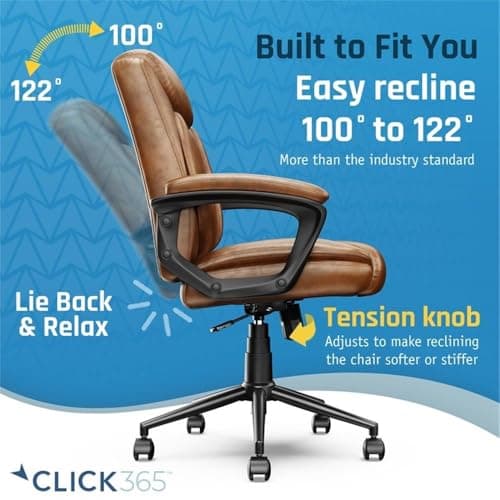 Click365 Transform 1.0 Extra Comfort Ergonomic Mid Back Desk Chair, with Padded armrests, Adjustable-Height, Tilt, Lumbar Support, Bonded Leather, Cognac 6