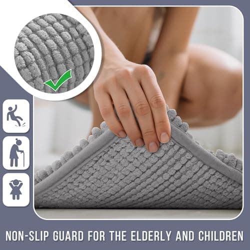 Yimobra Bathroom Rug Mat, Non Slip and Super Absorbent Bath Mat, Machine Washable Quick Dry, Ultra Plush Chenille Shower Rugs for Bathroom Floor Sink Tub and Shower Outside, Gray, 24 x 17 6