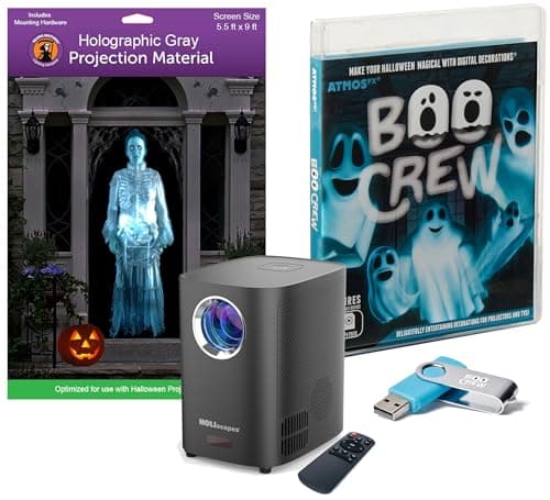 HoliScapes® USB Projector Kit - AtmosFX Boo Crew USB + Projector + 5.5' x 9' Large Gray Holographic Screen for Halloween Projection