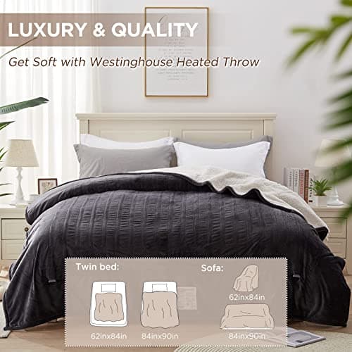 Westinghouse Heated Blanket Full Size, Soft Flannel to Sherpa Electric Blanket with 10 Heating Levels, 1-12 Hours Auto Shut Off, Fast Heating Warming Blanket, Machine Washable, 72x84 Inch, Charcoal 5