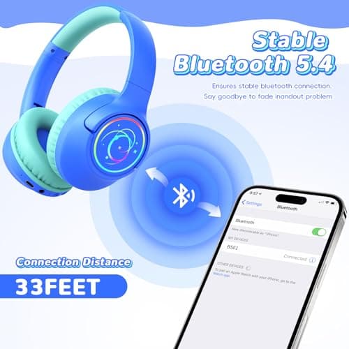 Kids Bluetooth Headphones, 85H Playtime Wireless Headphones for Kids, Colorful LED Lights, 85/94dB Safe Volume Limit, Bluetooth 5.4 Built-in Mic Toddler Headset for Tablet/Airplane/Travel (Blue) 6
