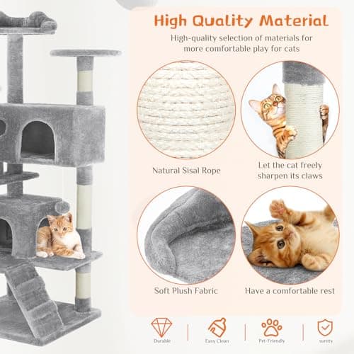 Sweetcrispy 54 Inch Cat Tree Tower, Multi-Level Tower with Cat Scratching Post, Indoor Cat Condo with Climbing Ladder, Plush Toy, Play House for Cat, Light Grey 5