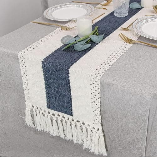 FEXIA Boho Blue Table Runner 72 Inches Long with Tassels Macrame Farmhouse Style Party Rustic Wedding Baby Bridal Shower Dining Decor (12x72 Inches) 5