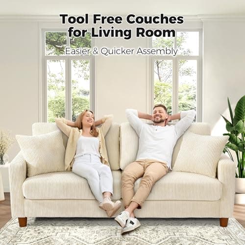 70in Corduroy Couch, Kidirect Sofa No Tool Assembly, Comfy Couches for Living Room 21in Deeper Seats, Corduroy Sofas for Living Room with 2 Pillows, Oversized Loveseat Sofa, Boho Love Seat Beige Couch 5