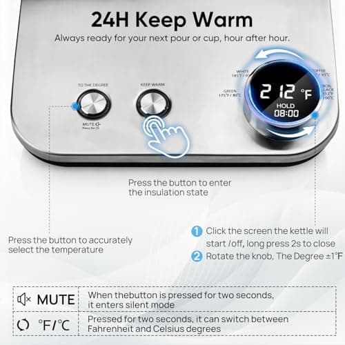 COZII Gooseneck Electric Kettle with ±1°F Temperature Control, 1200W Quick Heating for Pour Over Coffee & Tea, 0.9L Water Boiler with 24H Keep Warm & Auto Shut Off, Stainless Steel Interior, Silver 6