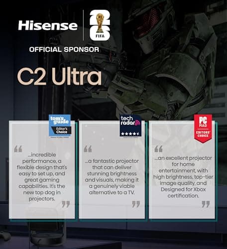 Hisense C2 Ultra, Triple Laser Smart Portable Projector, 4K UHD, 3,000 Lumens, 65” – 300”, Dolby Vision, IMAX Enhanced, Sound by JBL, Netflix Included, Designed for Xbox, Optical Zoom 21