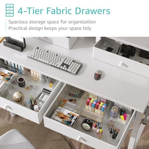 Lufeiya Small White Kids Desk with Fabric Drawers for Bedroom, 32 inch Vanity Makeup Desk with Drawers Storage for Home Office, Writing Study Table with Power Outlet & Monitor Stand, White 5