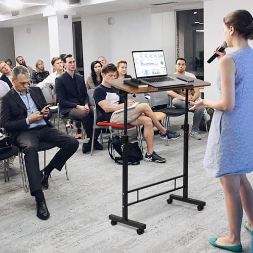 Small Standing Desk Adjustable Height,Rolling Computer Desk,Mobile Standing Desk with Wheels,Portable Stand Up Desk,Tall Computer Table,Adjustable Desktop Sit Stand Desk,Size 31.5x15.7 Inch Brownish C 6