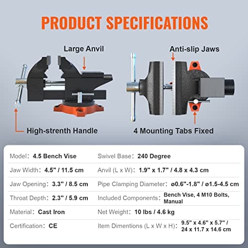VEVOR Bench Vise, 4.5-inch Jaw Width 3.3-inch Jaw Opening, 240-Degree Swivel Locking Base Multipurpose Vise w/Anvil, Heavy Duty Cast Iron Workbench Vise w/Bolts & Nuts, for Drilling, Pipe Cutting 7