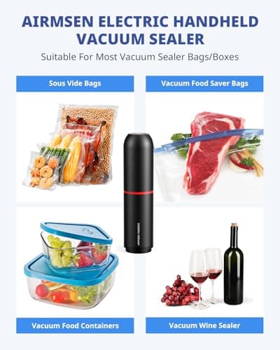 AIRMSEN Handheld Vacuum Sealer with 11 PCS Reusable Sous Vide Bags and 2 PCS Vacuum Wine Sealer, Compact Vacuum Sealer Machine for Food Storage 5