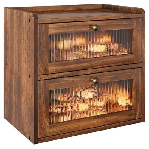 Alpeir Double Layer Large Bread Box for Kitchen Counter, Wooden Corner Bread Storage Container with Acrylic Window, Retro Brown