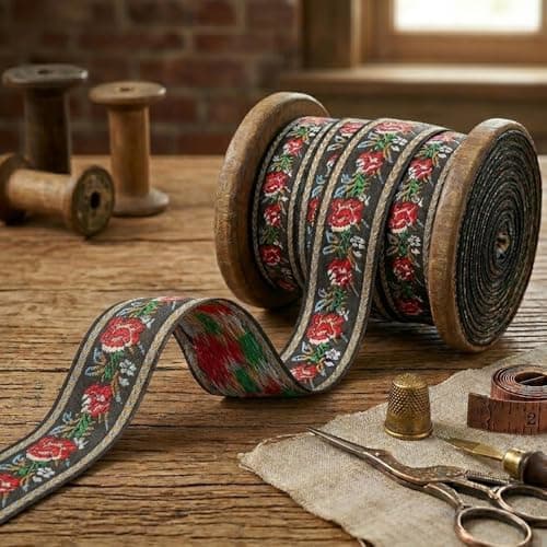 IDONGCAI Boho Jacquard Ribbon Trim – 1.25 Inch Wide Vintage Floral Ribbon – Black & Red Woven Band for Sewing, Upholstery, Curtain Hemming, DIY Crafts & Clothing Embellishment (Sold by 5 Yards)