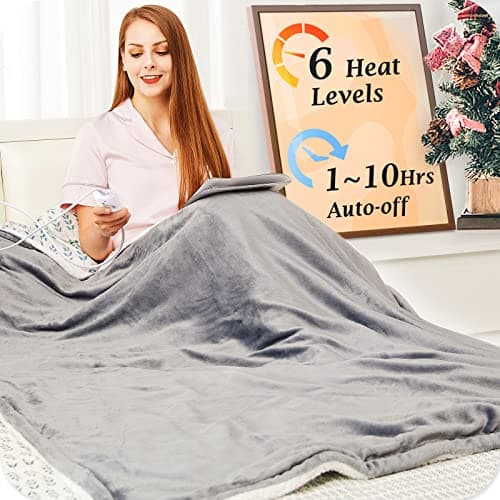 Mia&Coco Electric Heated Blanket Throw Flannel Sherpa Fast Heating 50"x60", 6 Heating Levels & Up-to-10-Hours Auto-Off Timer & LED Display, for Home Office Use, Machine Washable, ETL Certified, Grey