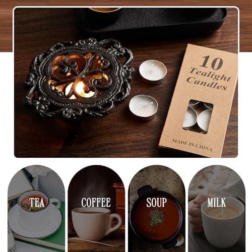 Menkxi Cast Iron Teapot Warmer Dish Cups Heater Pot Trivet with 30 Pieces Candles Heavy Duty Decorative Candle Holder Stands for Teapot Heat Food Coffee or Tea 5