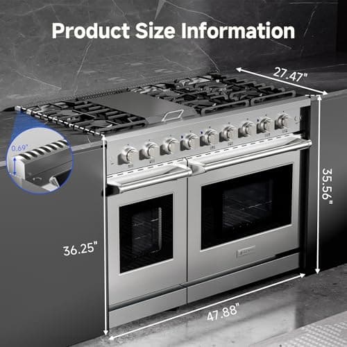 AAOBOSI 48 Inch Freestanding Gas Range Ovens with 7.0 cu.ft Large Capacity Double Convection Ovens, 6 Sealed Burners Plus Iron Grill Burner, Stainless Steel Gas Range Stove with NG/LPG Convertible 9