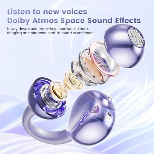 Open Ear Clip Headphones, Wireless Earbuds Bluetooth 5.4 The Over Ear Buds Earphones Built-in Mic with Ear Hooks, 36H Playtime,for iOS and Android (Purple) 7