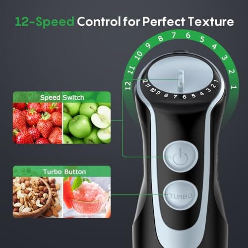 FRESKO Immersion Blender Handheld, 4-in-1 Stainless Steel Hand Electric Stick Mixer with 12-Speeds & Turbo Mode, Powerful 500W Emulsion Blender with Beaker, Chopper & Whisk 6