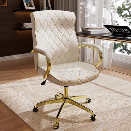 HomeZeer White and Gold Office Chair with Soft Leather Embroidery, Mid Back Vintage Swivel Executive Desk Chair with Wheels and Padded Arms, Adjustable Height