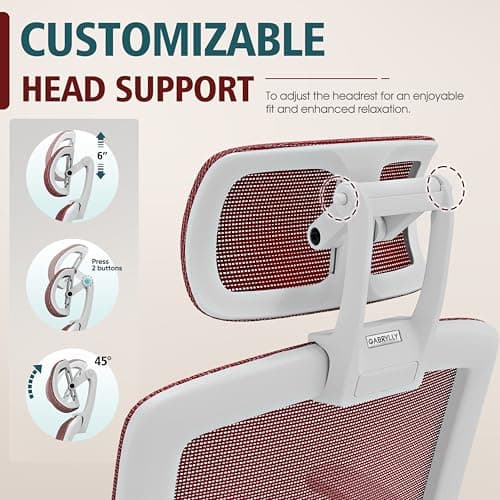 GABRYLLY Ergonomic Office Chair, High Back Home Desk Chair with Headrest, Flip-Up Arms, 90-120° Tilt Lock and Wide Cushion, 300LBS Mesh Chairs for Man Woman, White Task Chair(Red,GY01WR) 6