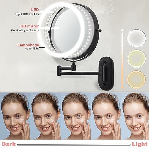 8“Wall Mounted Makeup Mirror With Lights, 10x Magnifying Mirror Wall Mount for Vanity, Bathroom and Shaving, Rechargeable Wall Mounted Makeup Mirror Swing Arm with Adjustable Brightness (Black-10X) 5