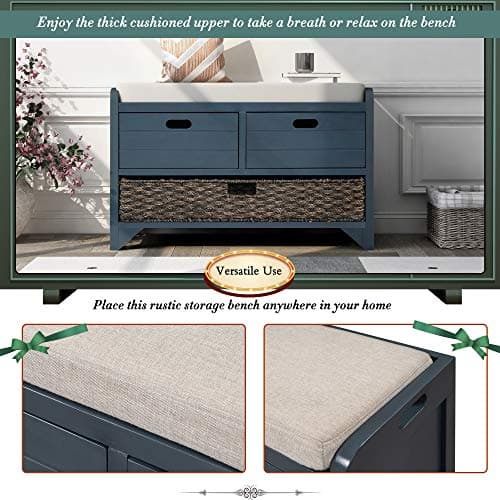 SOFTSEA Upholstered Storage Bench for Entryway, Wood Storage Ottoman with Removable Basket and 2 Drawers, Farmhouse Shoe Bench with Seat Cushion for Entryway, Living Room, Full Assembled, Navy 6